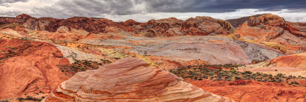 Panorama Of Colorful Rocks With Storm Clouds At Valley Of FIre State Park, Nevada
