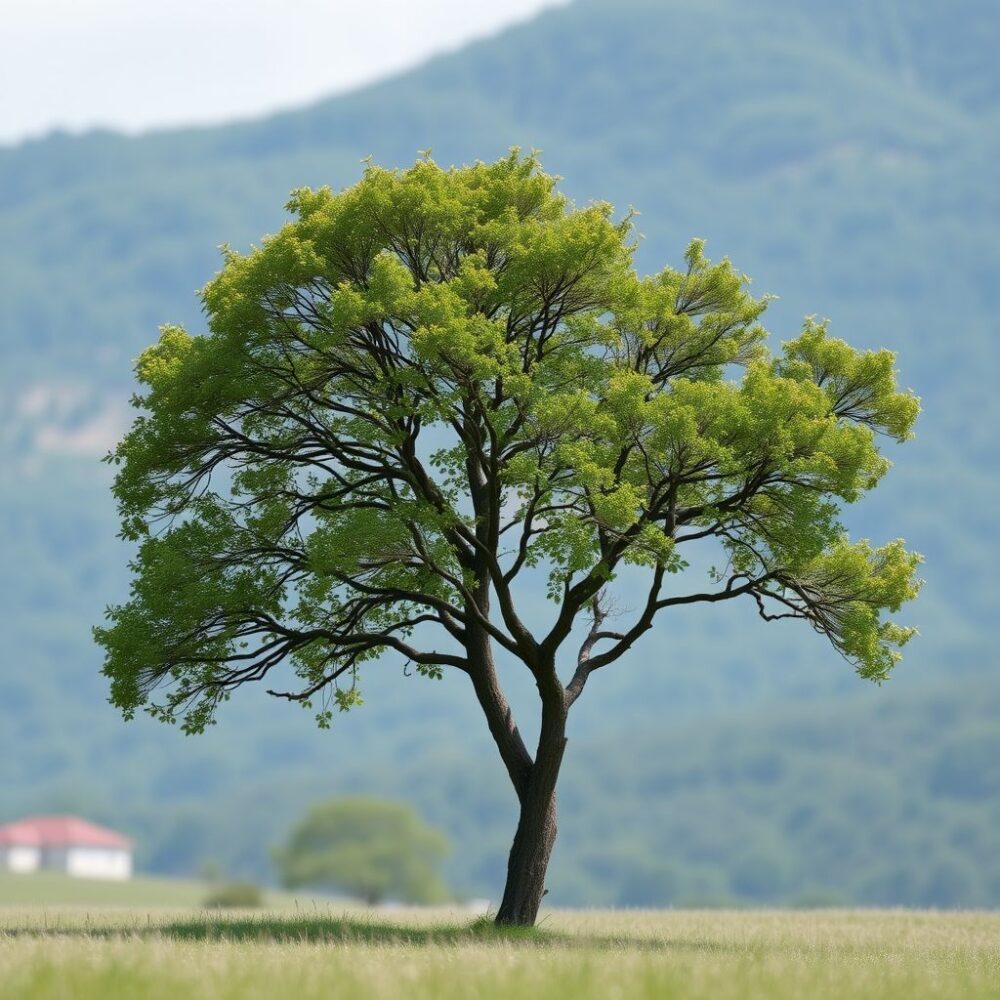 a single tree in a field at shallow depth of field