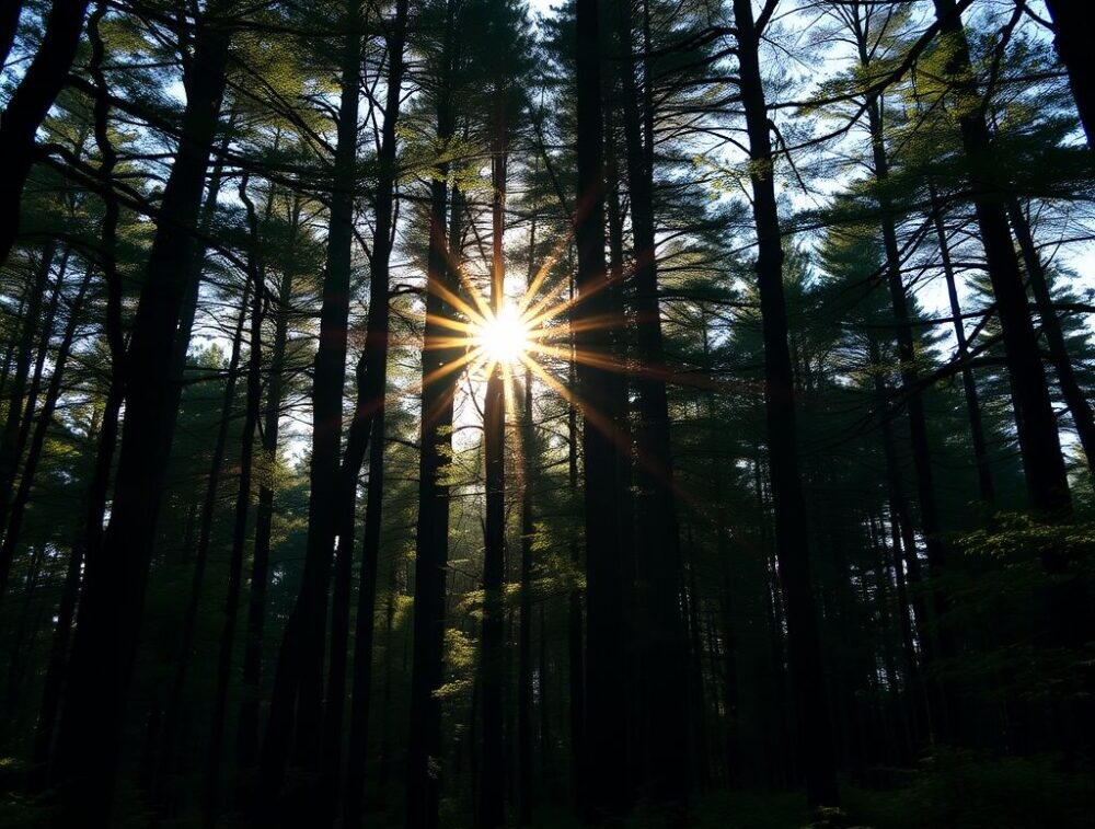 Sun breaking through forest trees forming a sun star