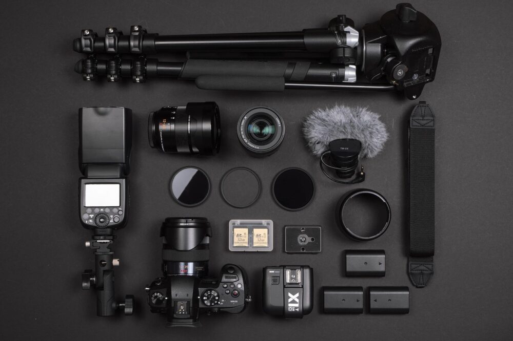 photography gear laid out