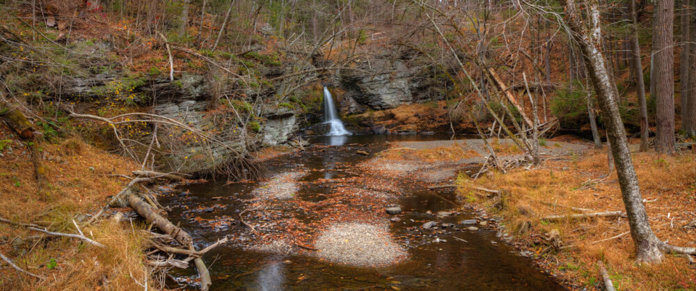 Deer Leap Falls Below A Wooden A Frame Bridge In Autumn On Dingmans Creek At George W Childs Park, Delaware Water Gap National Recreation Area, Pennsylvania