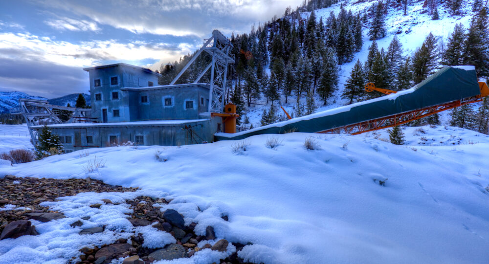 Side View Of Yankee Fork Gold Dredge In The Snow