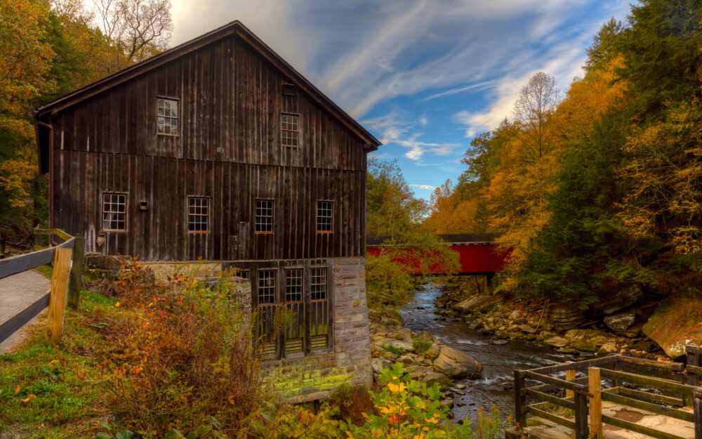 Old McConnells Mill And Covered Bridge Surrounded By Autumn Colours, McConnells Mill State Park, PA