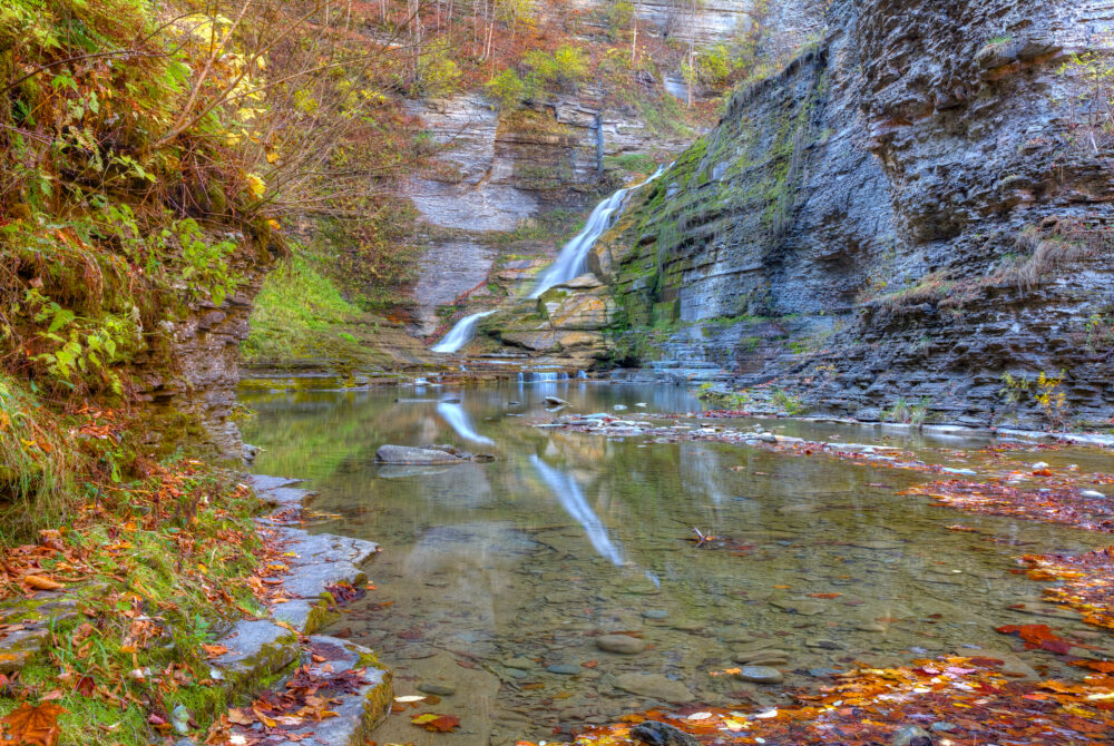 Reflections And Autumn Leaves In The Water At Lucifer Falls, Robert H Treman State Park, NY